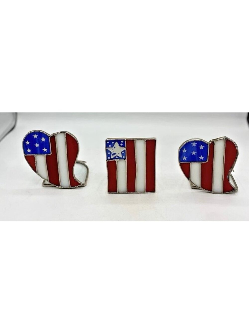 Ganz Red White Blue Stained Glass Votive Candle Holders Set 3 Patriotic Heart
